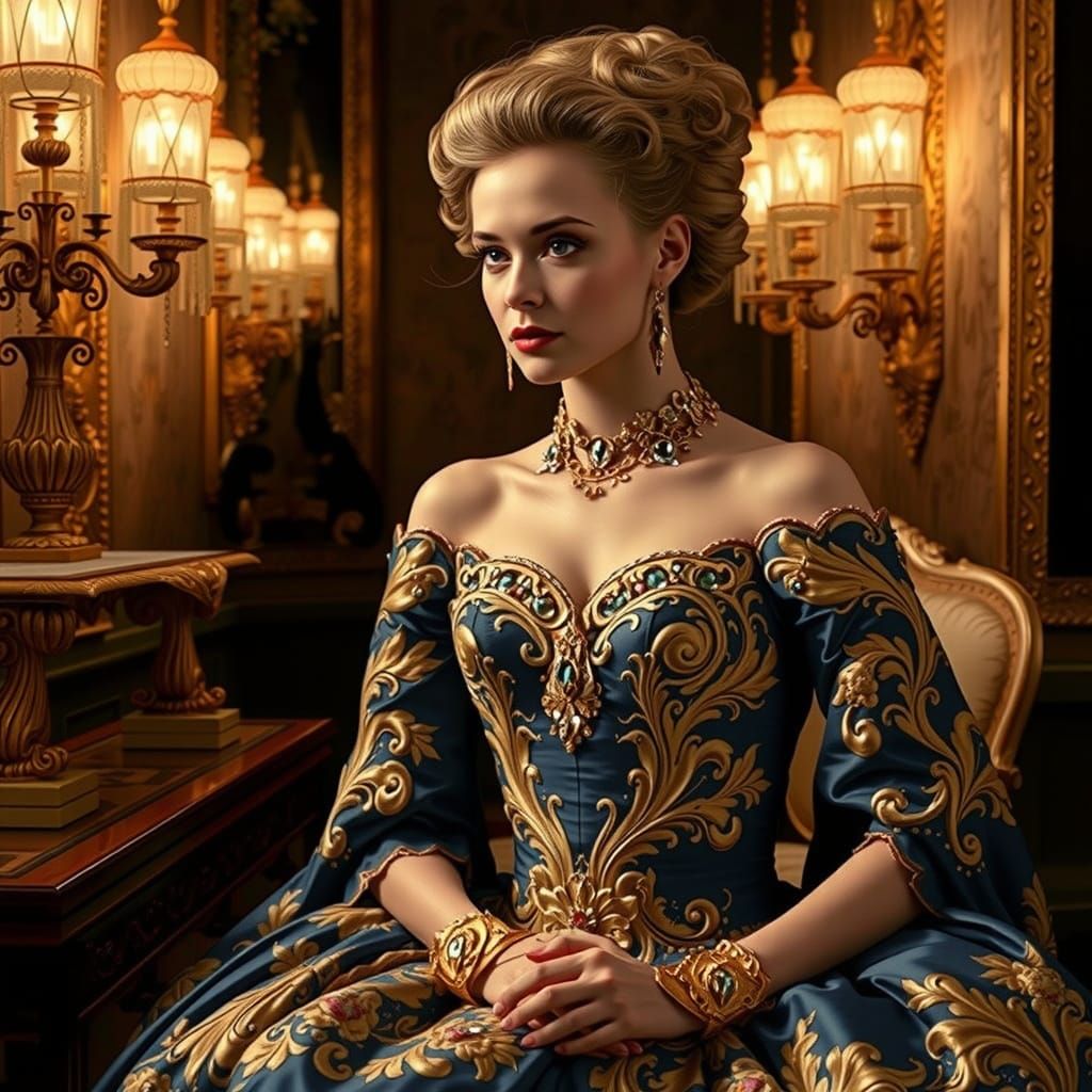 Regal Velvet Goddess in Opulent Baroque Setting