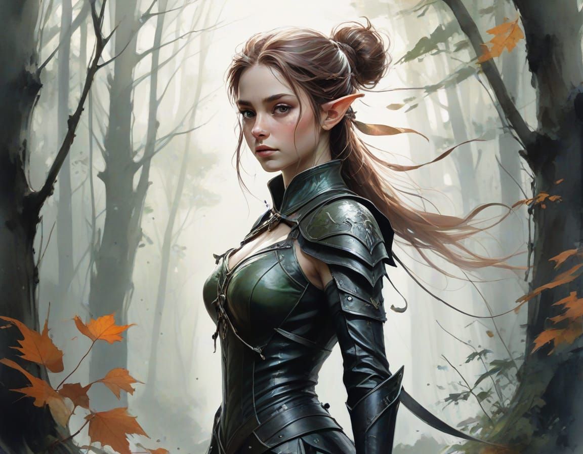 Elven Archer in Ancient Forest, Watercolor Art