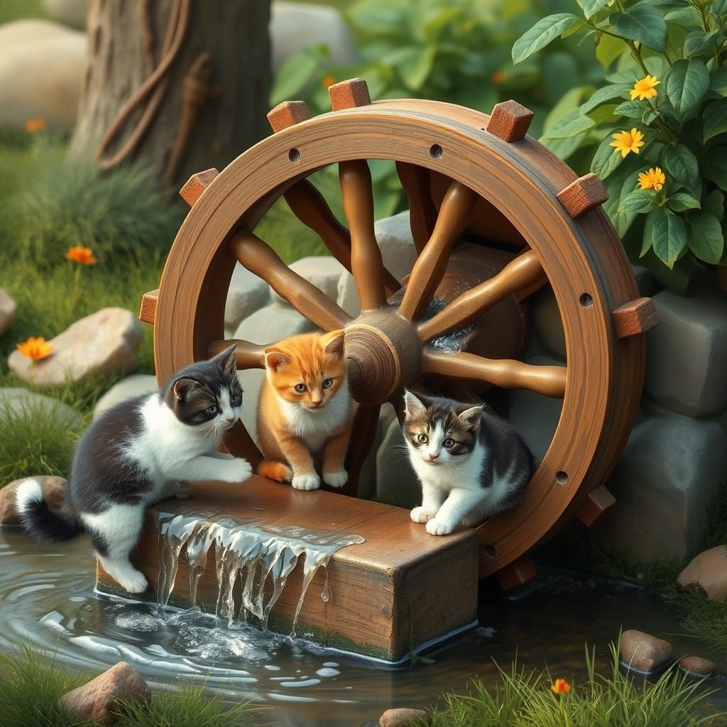 Waterwheels with Playful Kittens