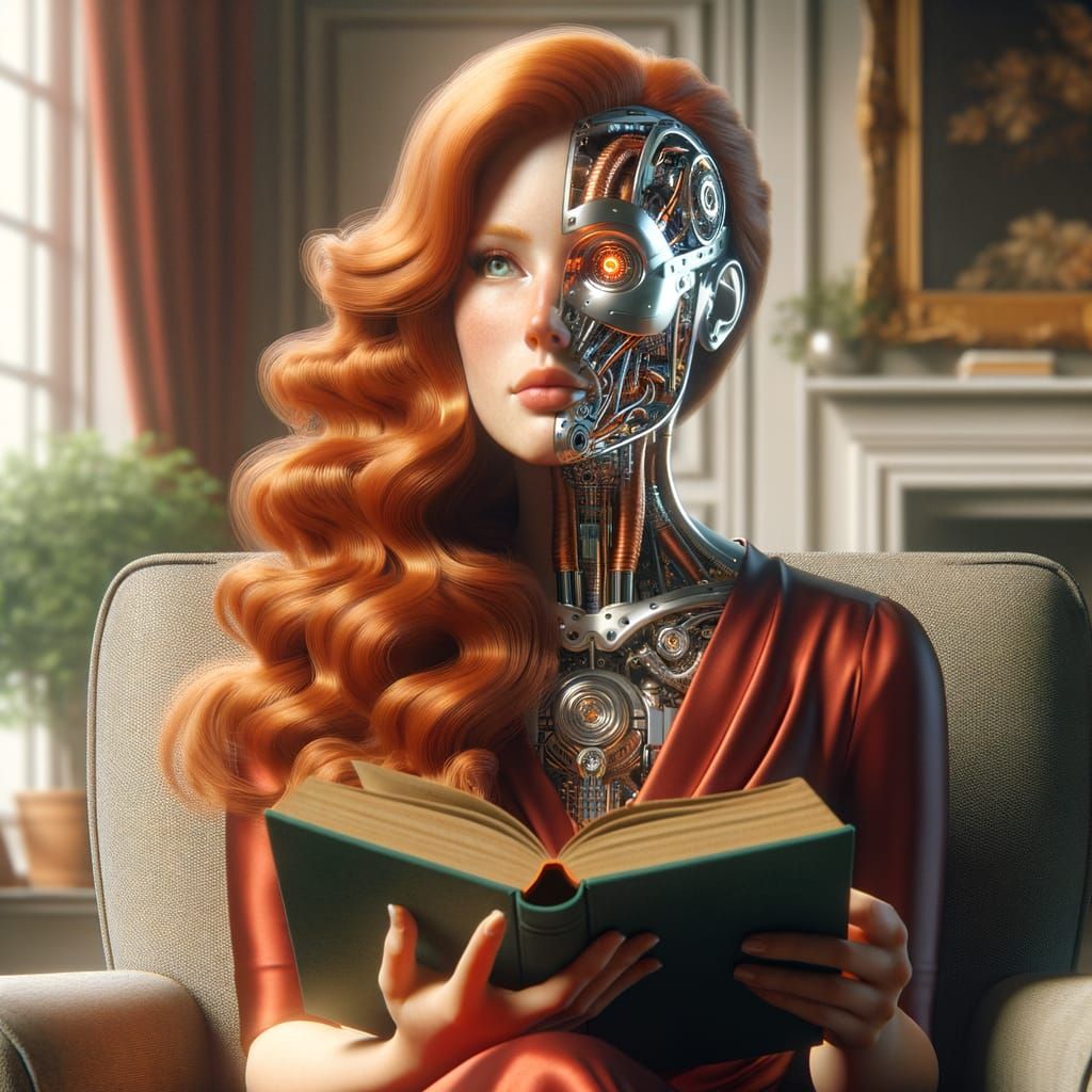 Android Woman with Mechanical Face, Hyperrealistic Image