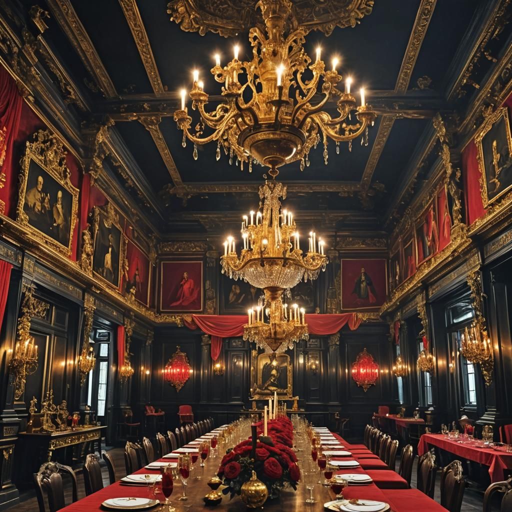 Grand Dining Hall with Chandeliers and Statues