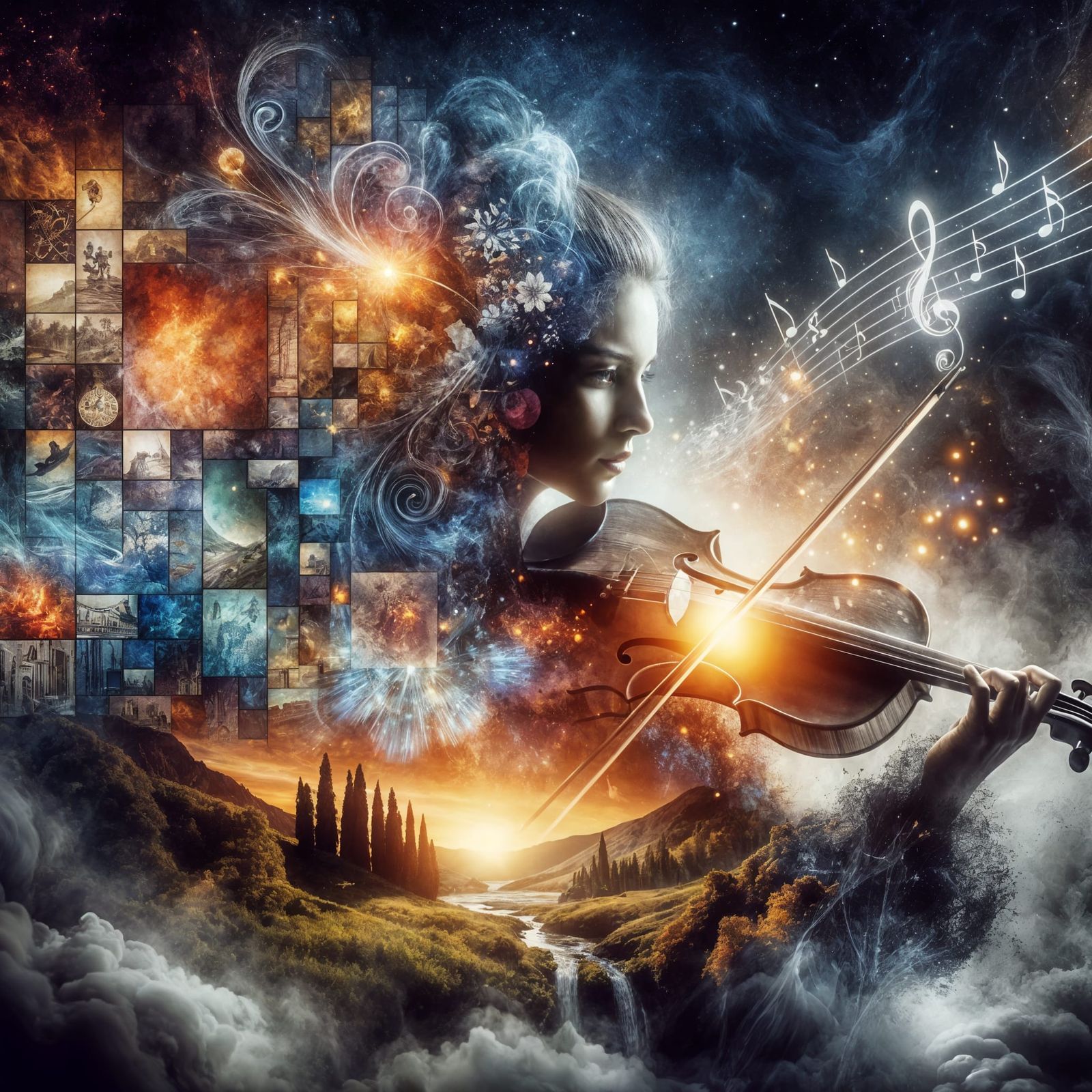 A hyper-realistic double exposure against abstract dark smok...