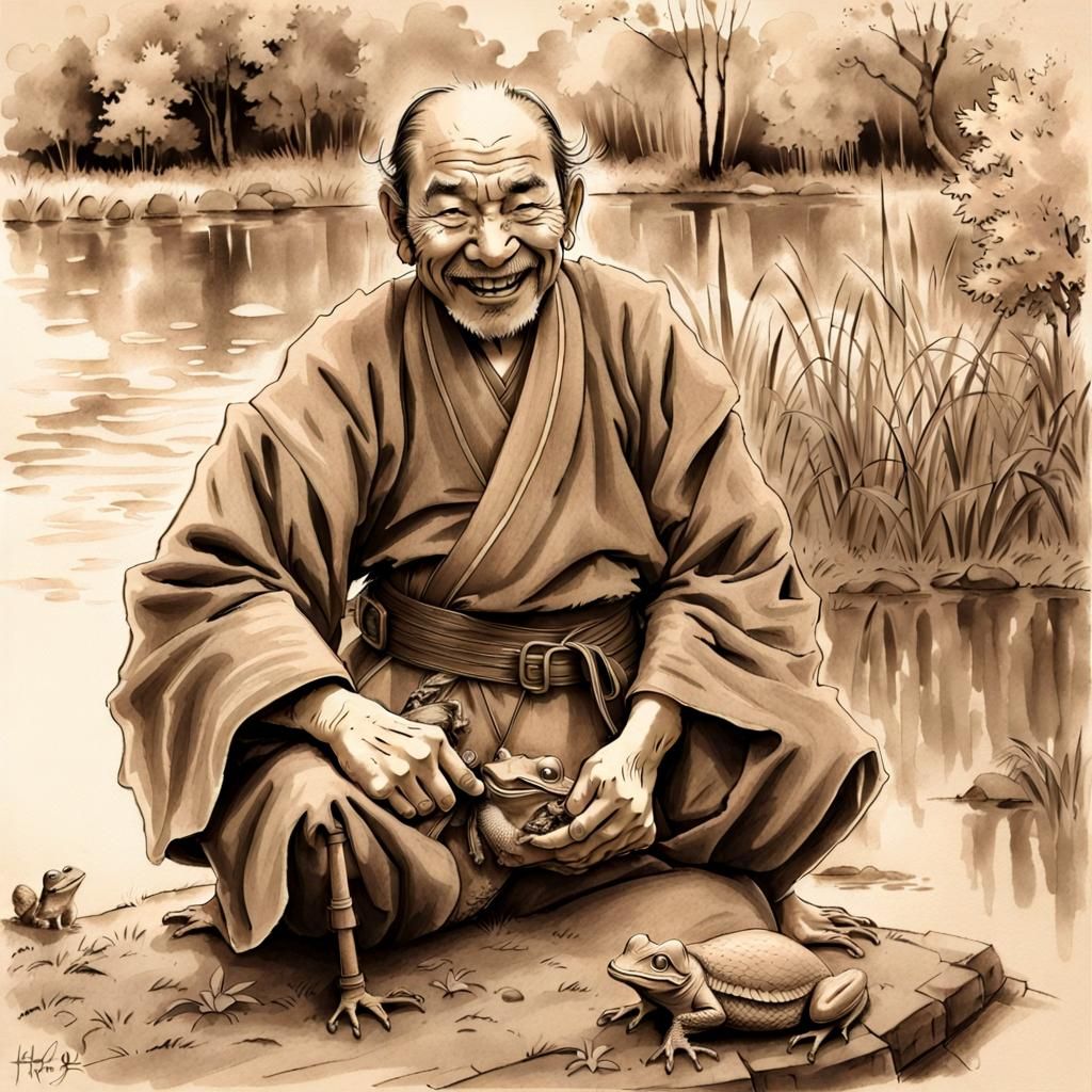 Sepia Pencil Sketch of Laughing Samurai Portrait