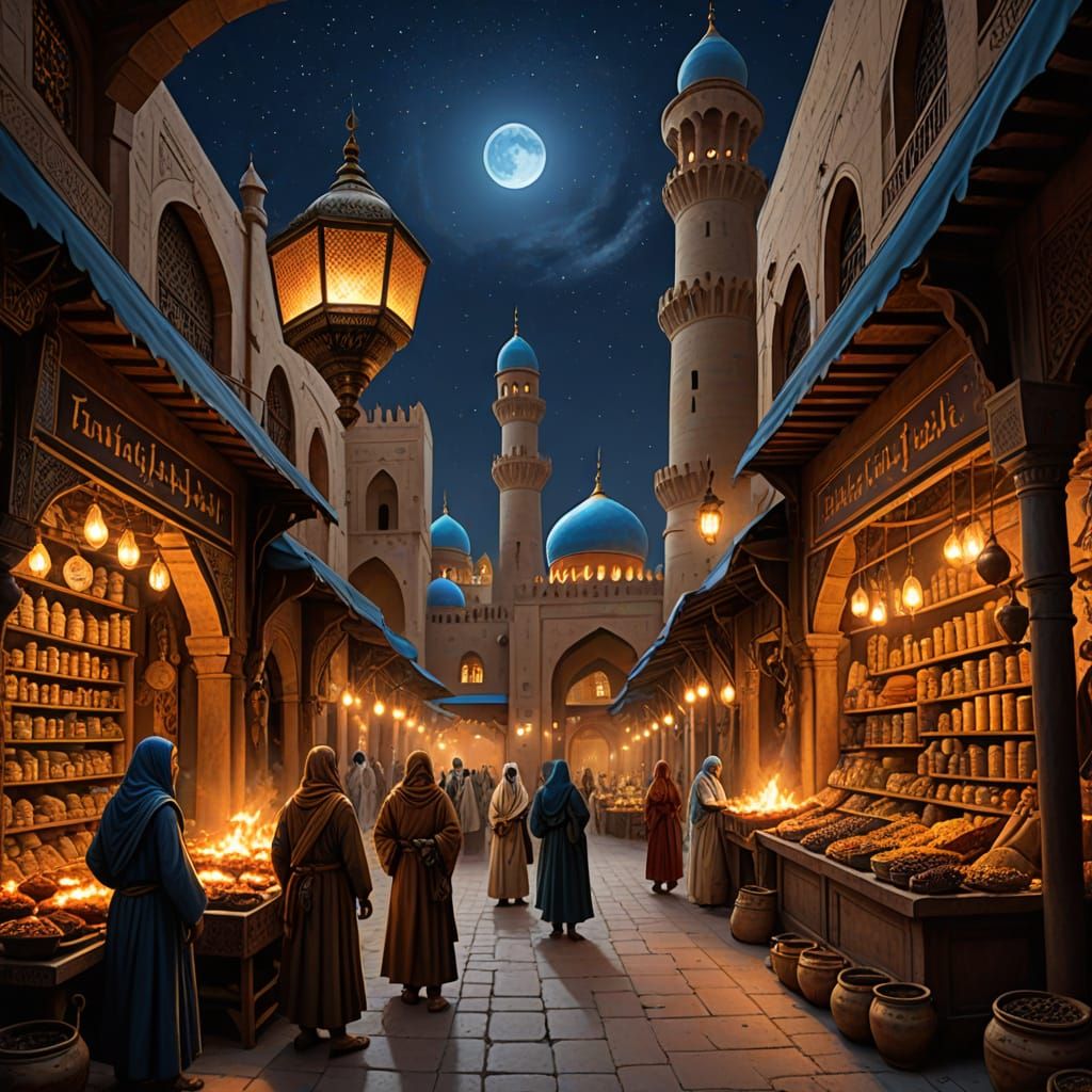Medieval Arabian Night Market Scene