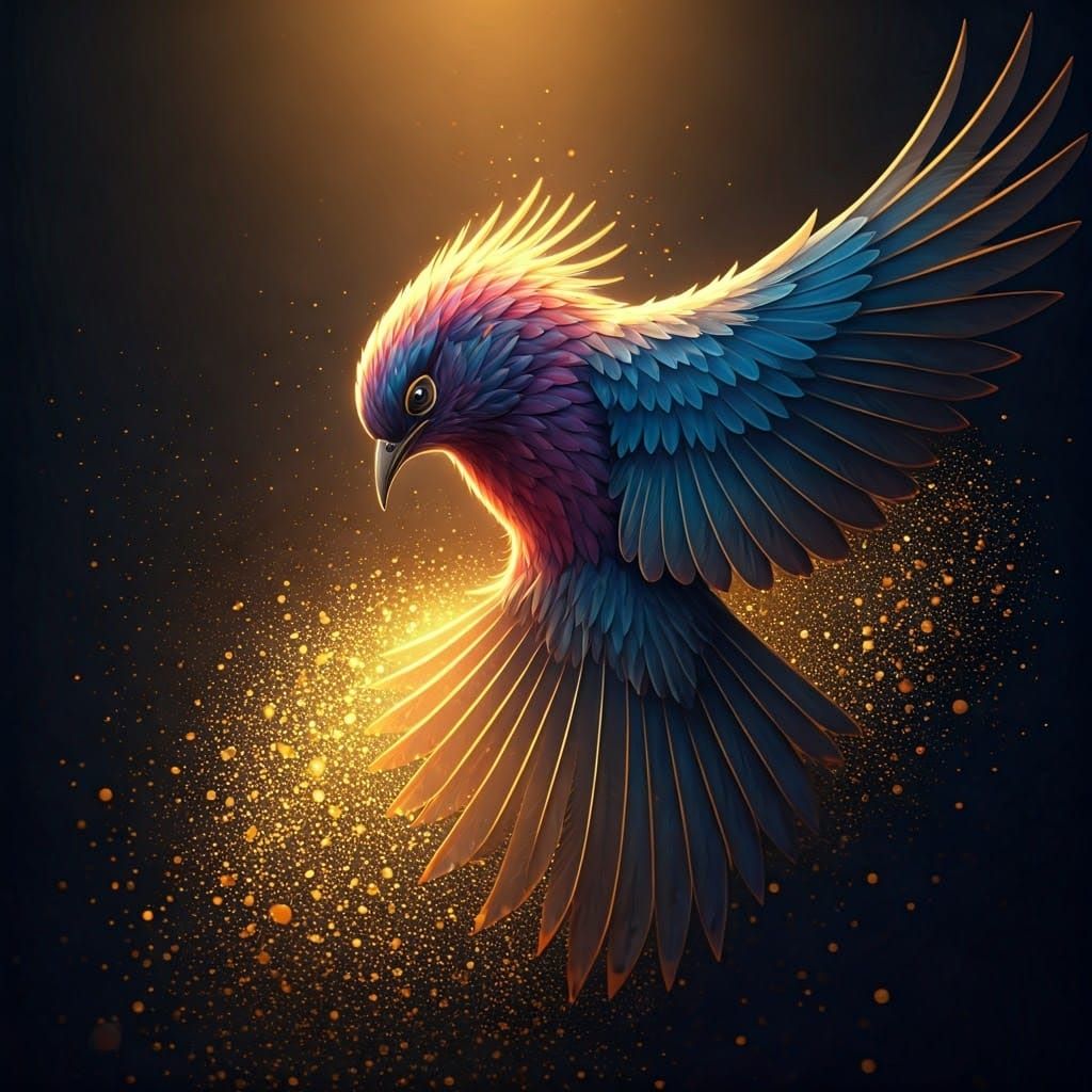 Bird in Ethereal Flight, Glistening Gold Dust