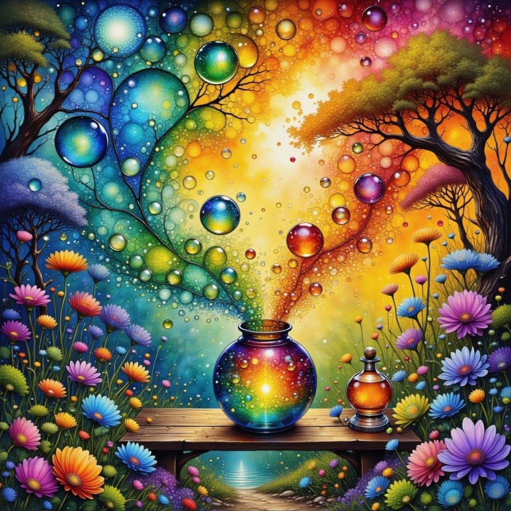 Magical Rainbow Bubbles in Grungy Watercolor Style