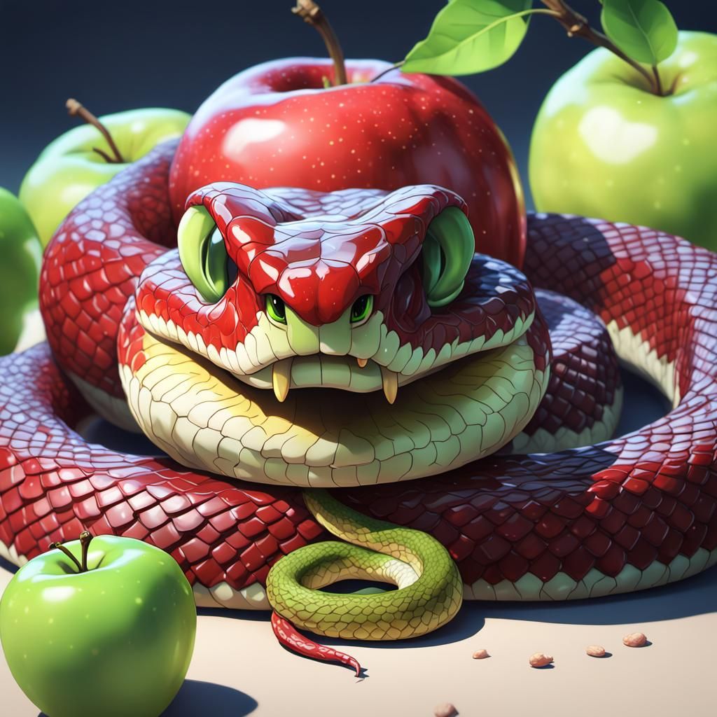 Cute Snake Eating Apple in Anime Style