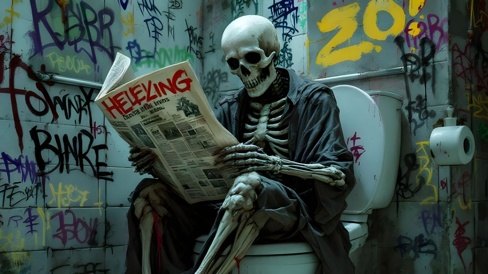 Sad Skeleton Reads Newspaper on Toilet: 3D Digital Art