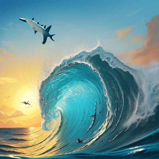 Shark Bites Surfboard in Vibrant Comic Book Art