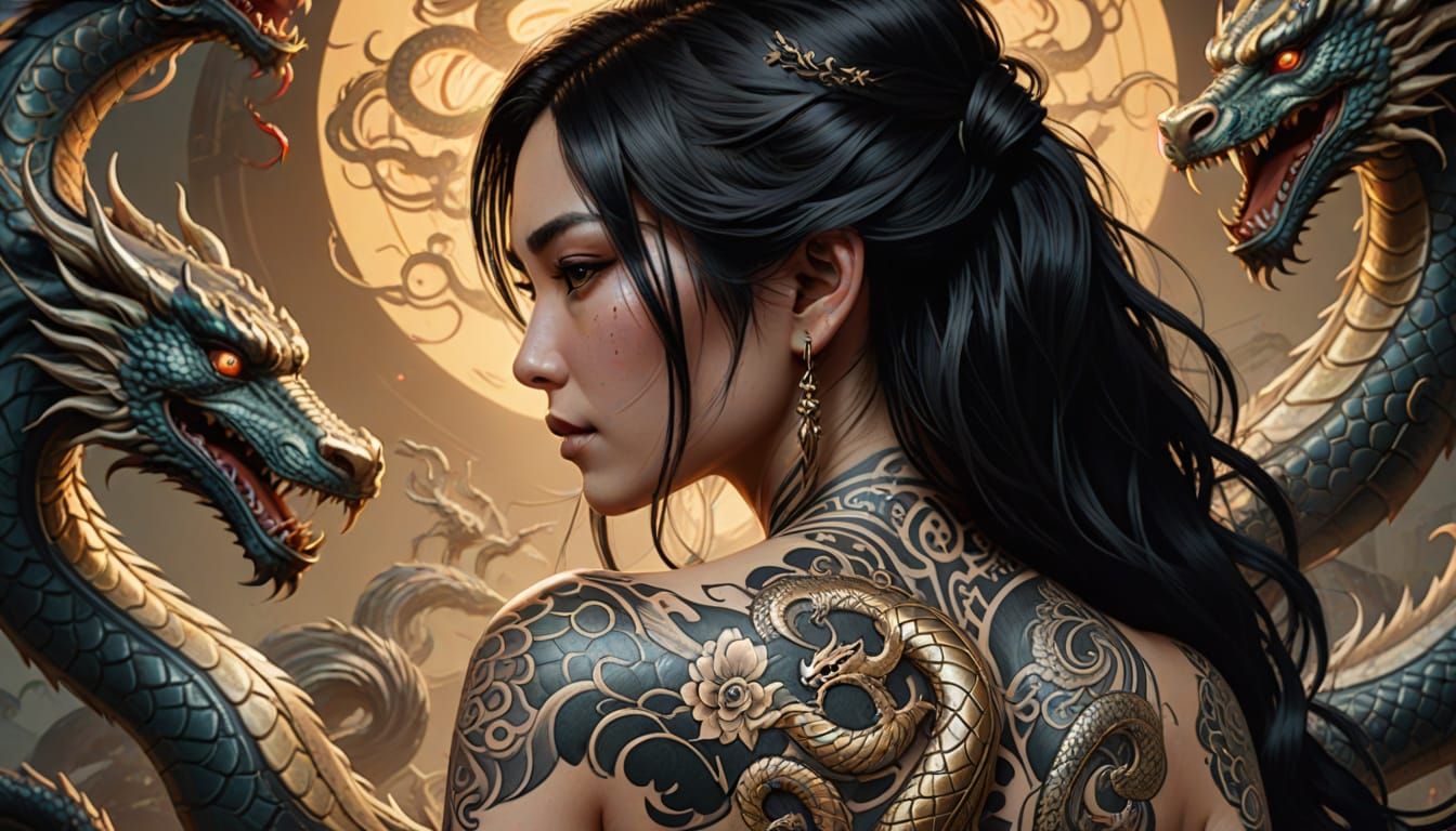 Japanese Woman with Dragon Tattoo: Fantasy Art