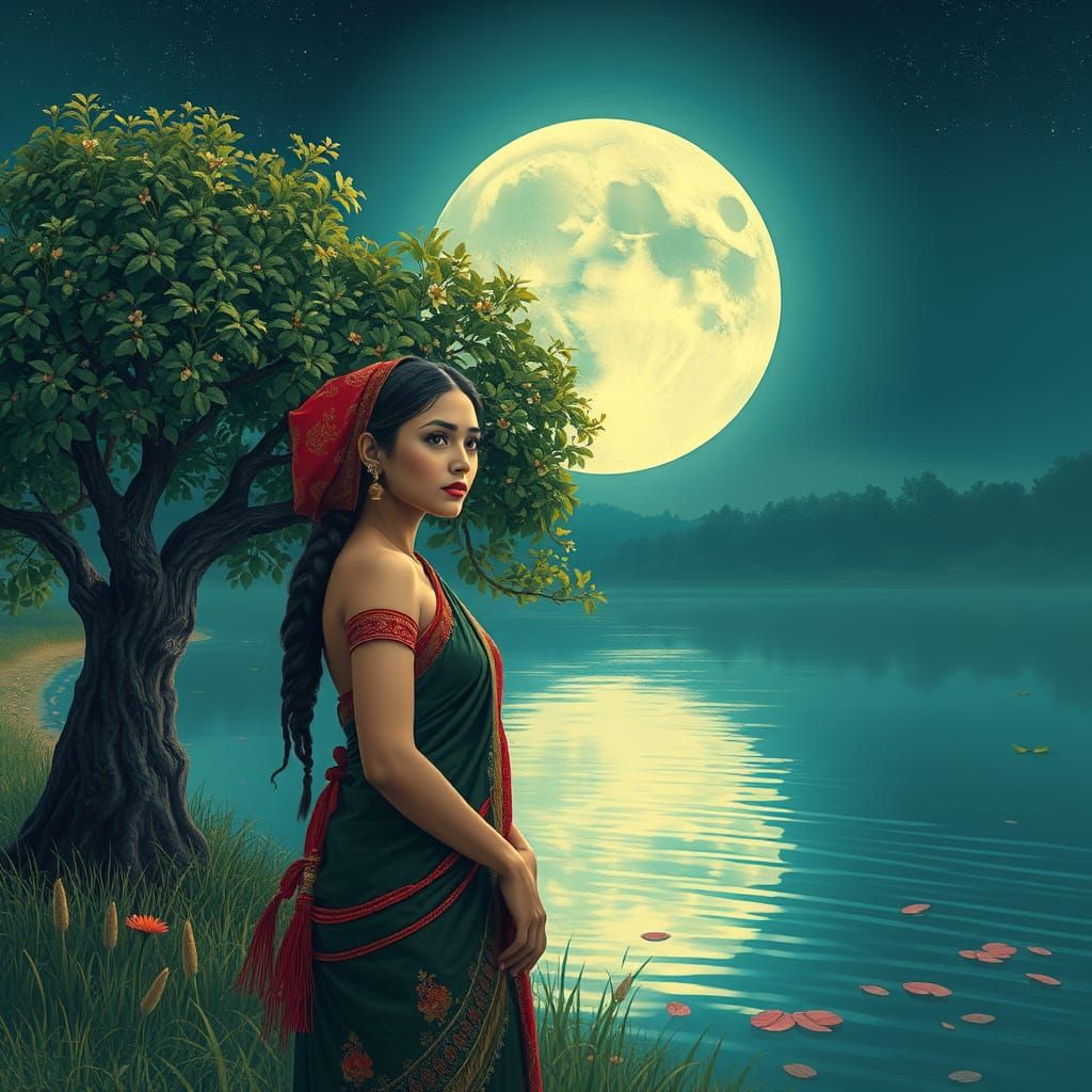 Hindu Woman, Ancient Tree, and Moonlit River
