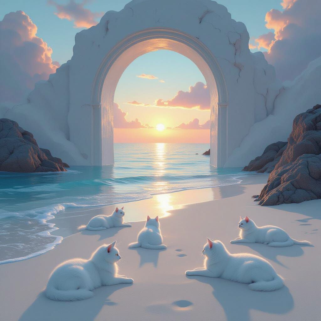 Mystical Gateway to Ethereal Beach with White Cats at Twilig...