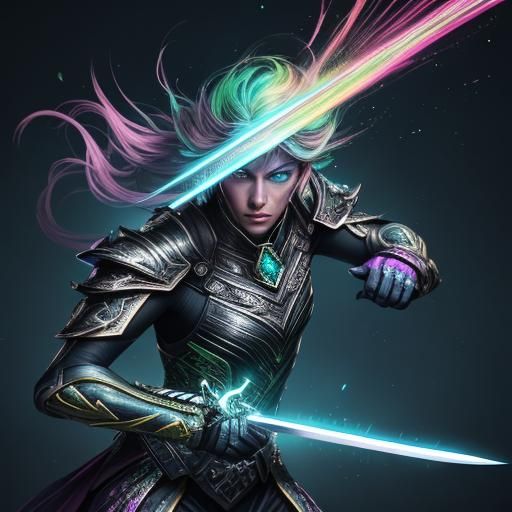 Iridescent Scaled Sword in Bioluminescent Alien Landscape