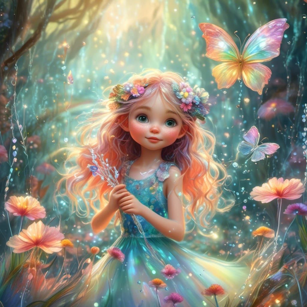 Girl with Magic Wand in Iridescent Forest