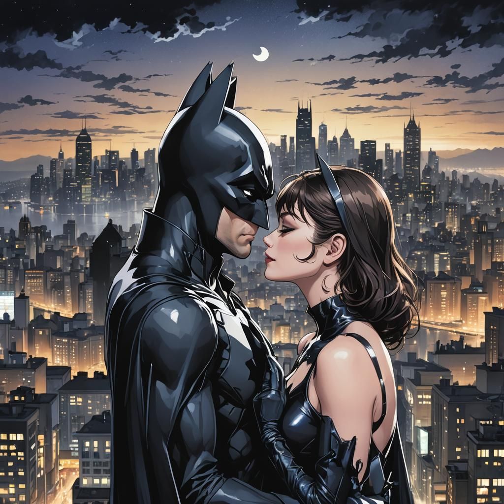 Batman and Catwoman Kiss in Anime Style