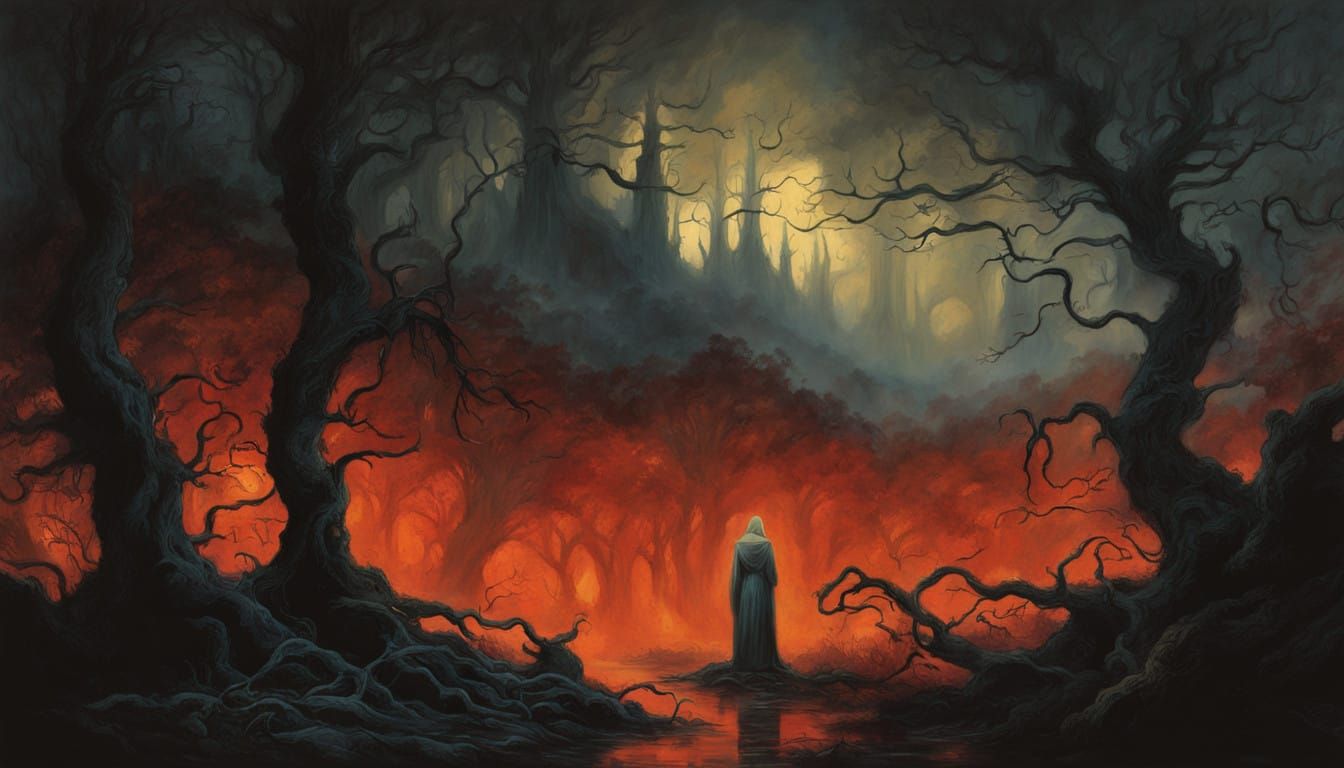 Ethereal Goddess Amidst Golden Light and Dark Forest