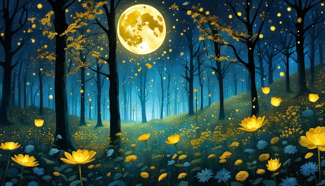 Surreal Clock Forest Under Golden Moon