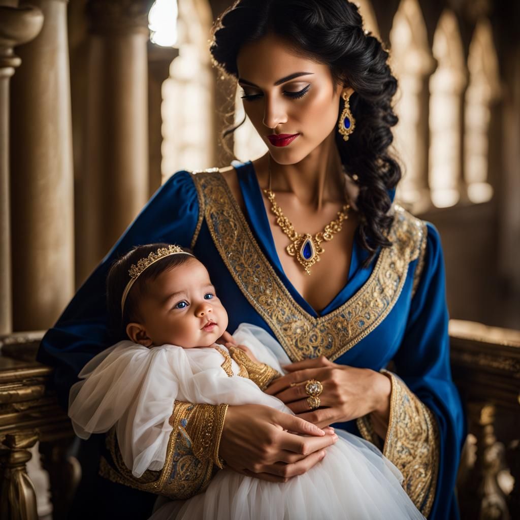 Woman in Medieval Gown Holding Infant in Castle