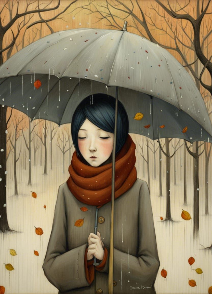 Sad Anime Scene with Tattered Umbrella