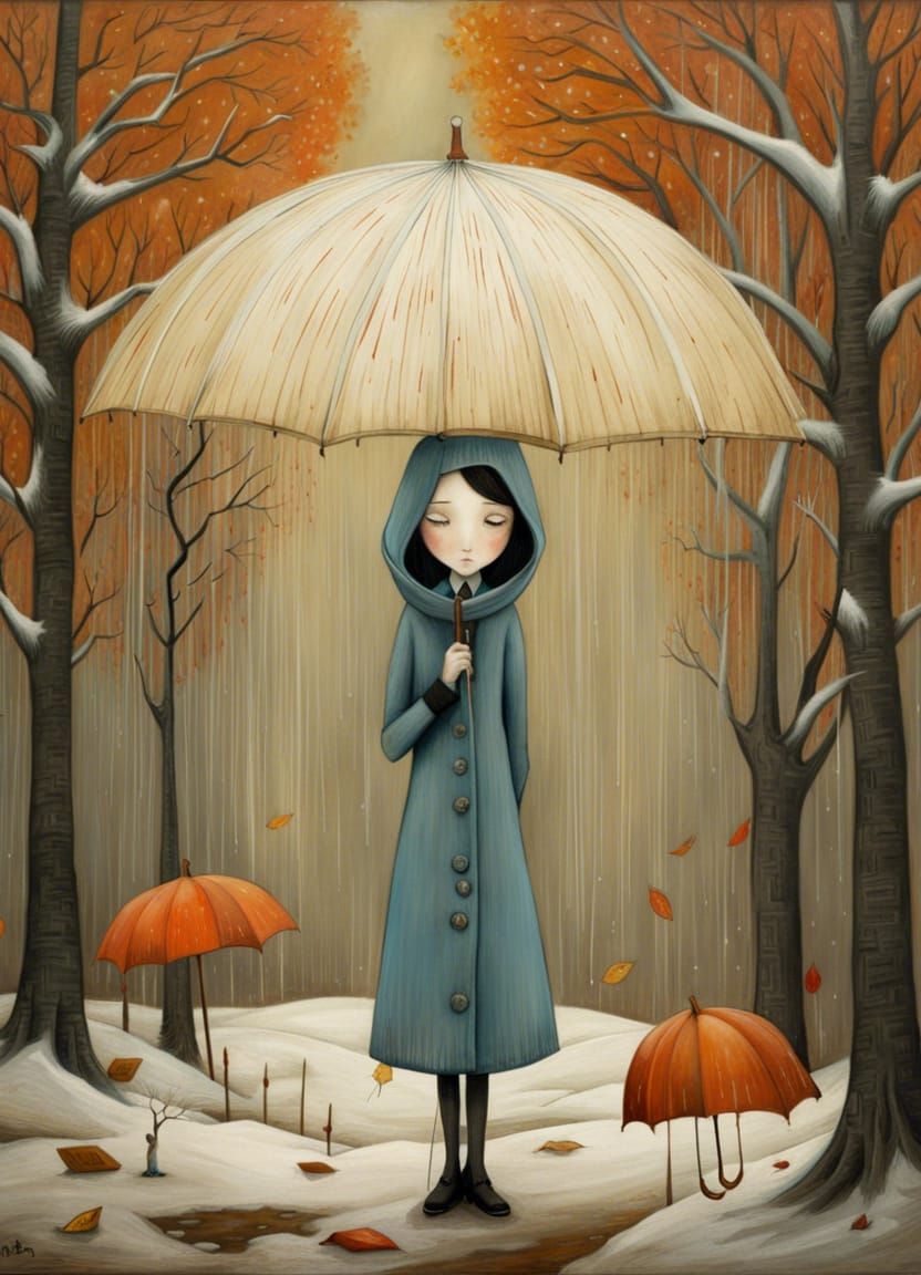 Anime Umbrella in Snow and Rain with Barren Trees