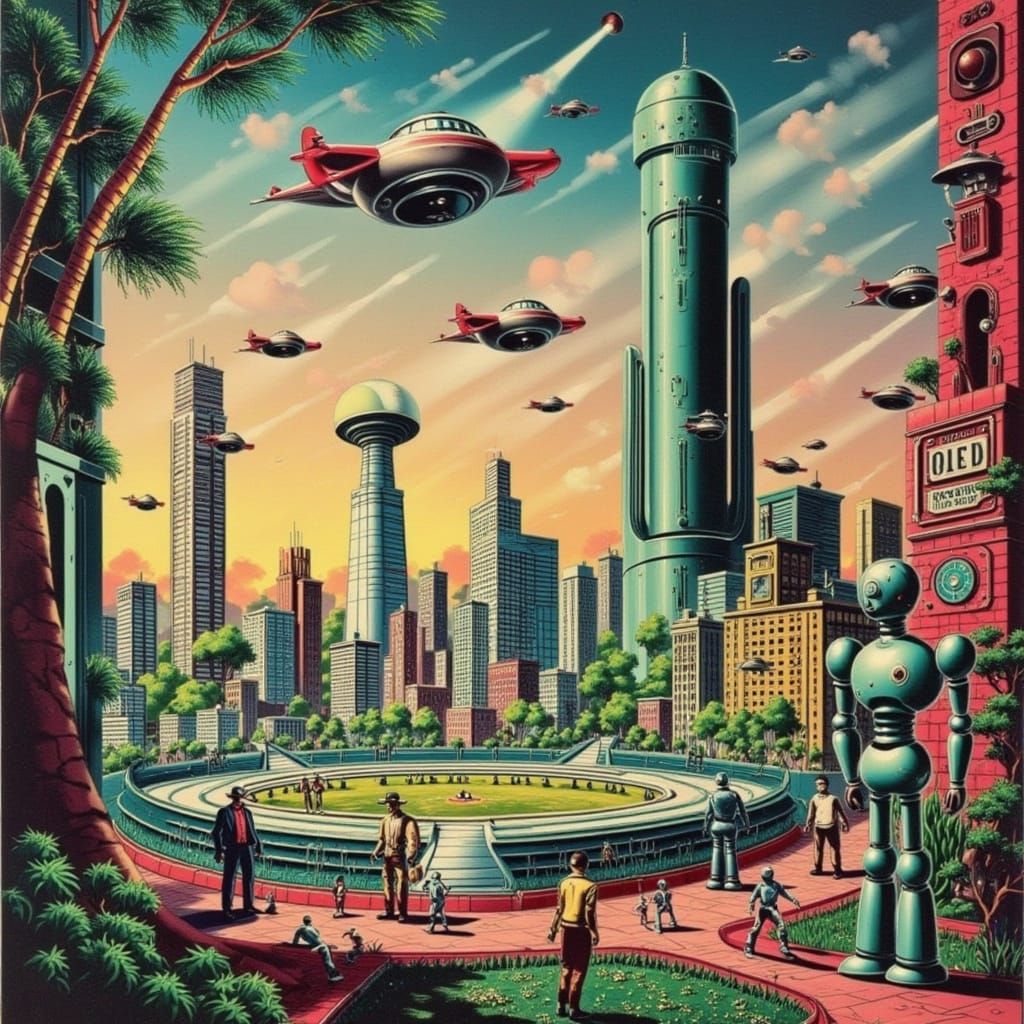Retro Futuristic Cityscape with Robots and Vintage Flying Ca...