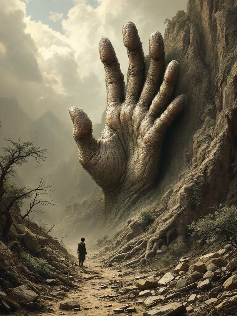 Colossal Hand Merges with Mountainside in Dreamlike Impressi...