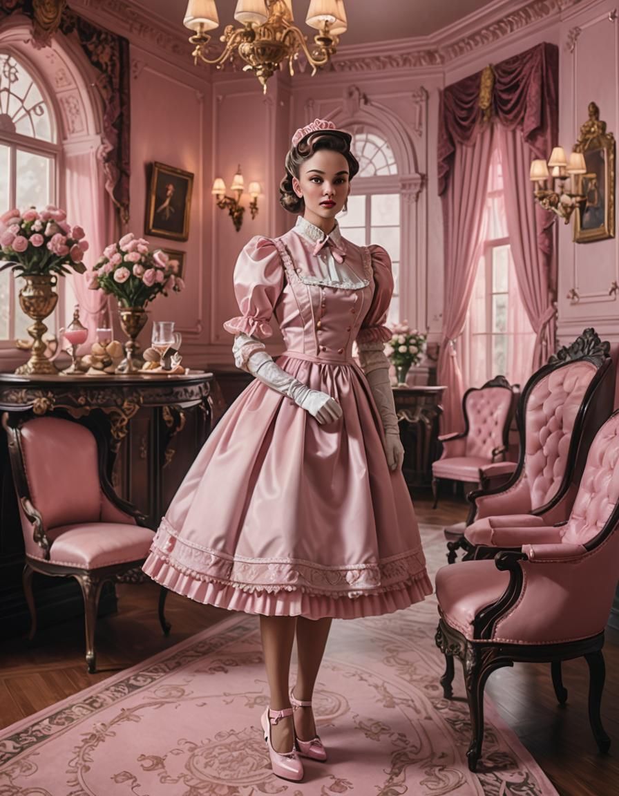 Flirty Maid in Gothic Dining Room, Hyperrealistic