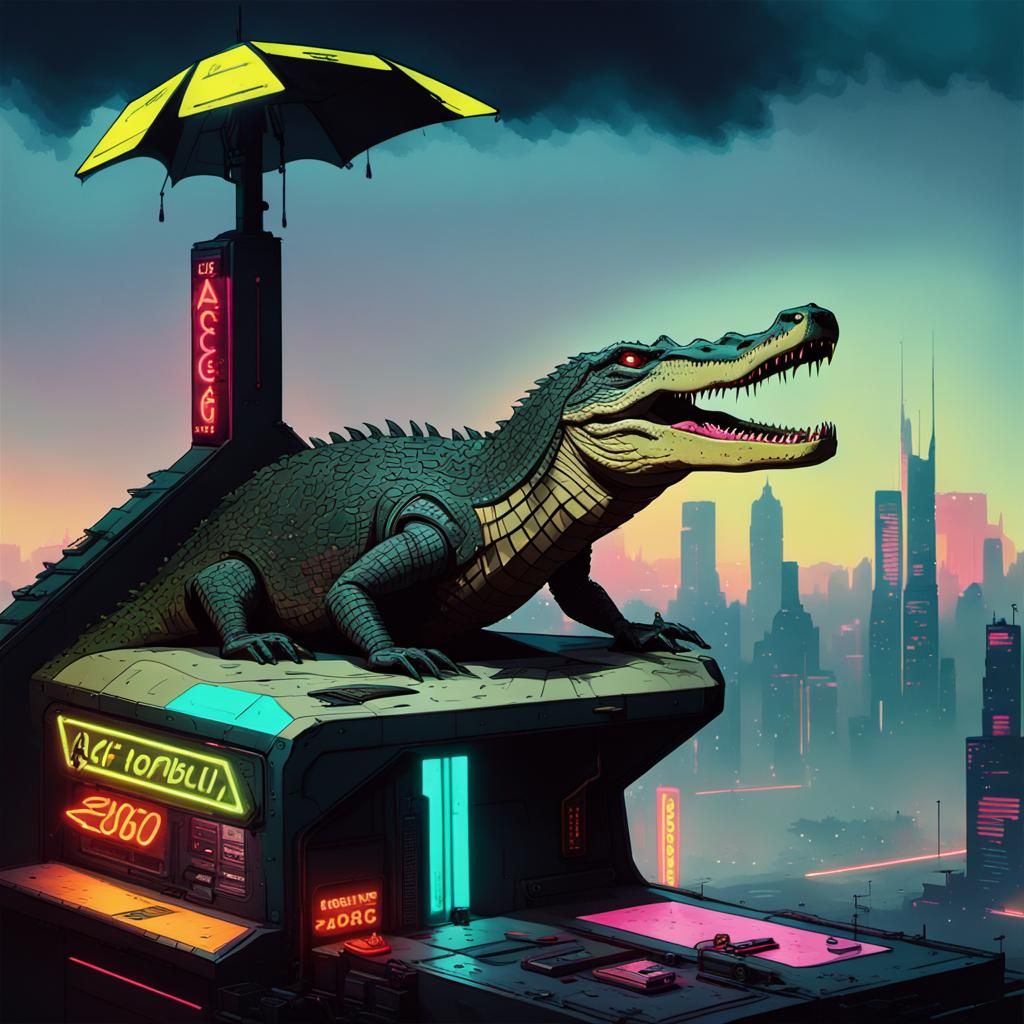 Cyberpunk Crocodile in Neon Cityscape