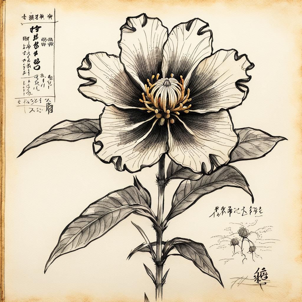 Exotic Flower: Vintage Ink Sketch in Ghibli Style