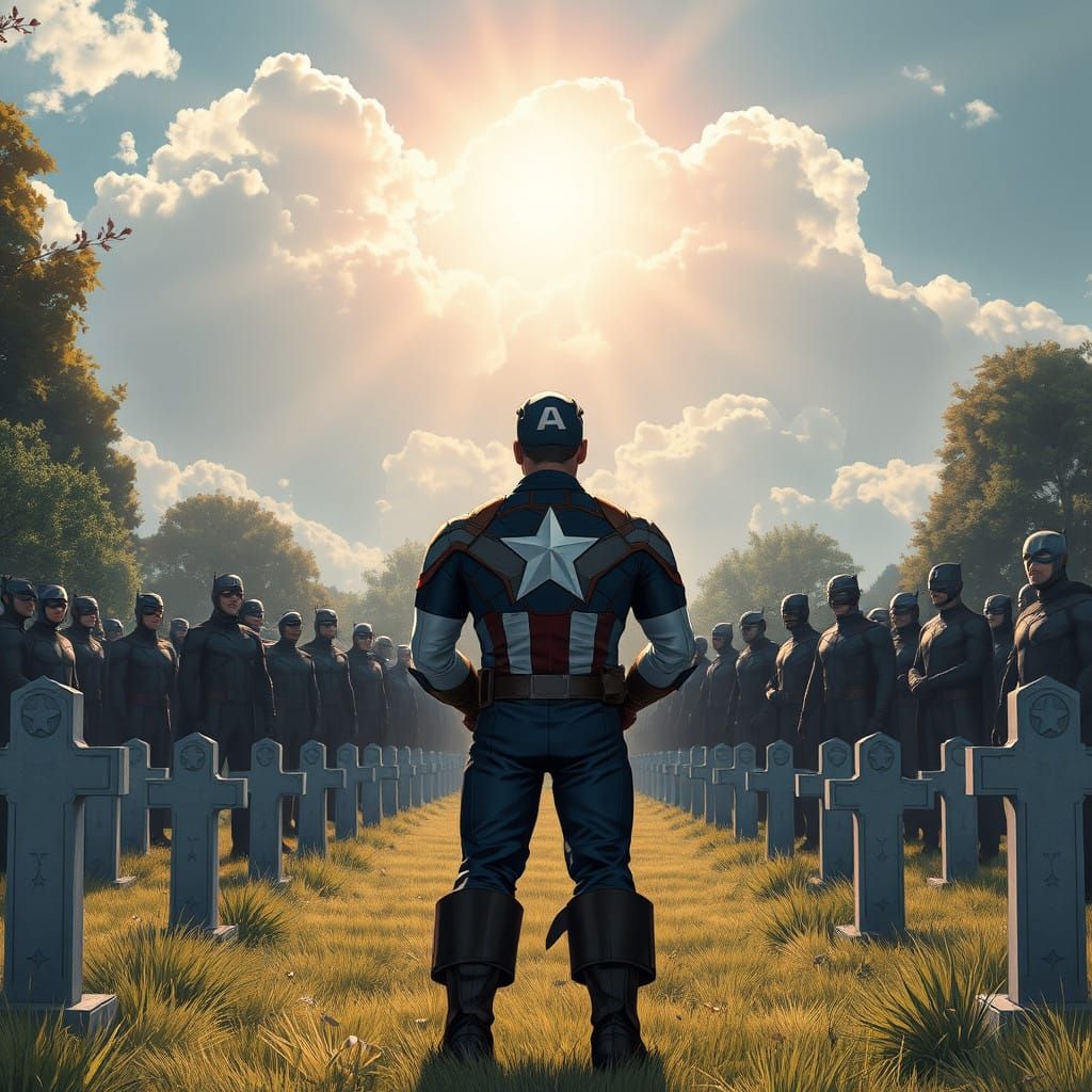 Captain America in Solemn Mourning, Surrounded by Grieving H...