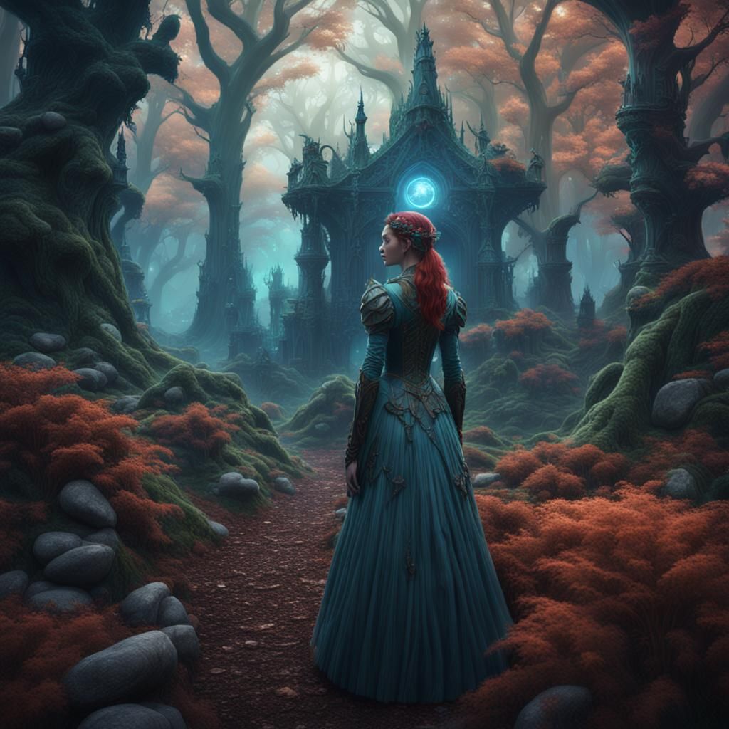 Enchantress in Surreal Forest: Detailed Matte Painting