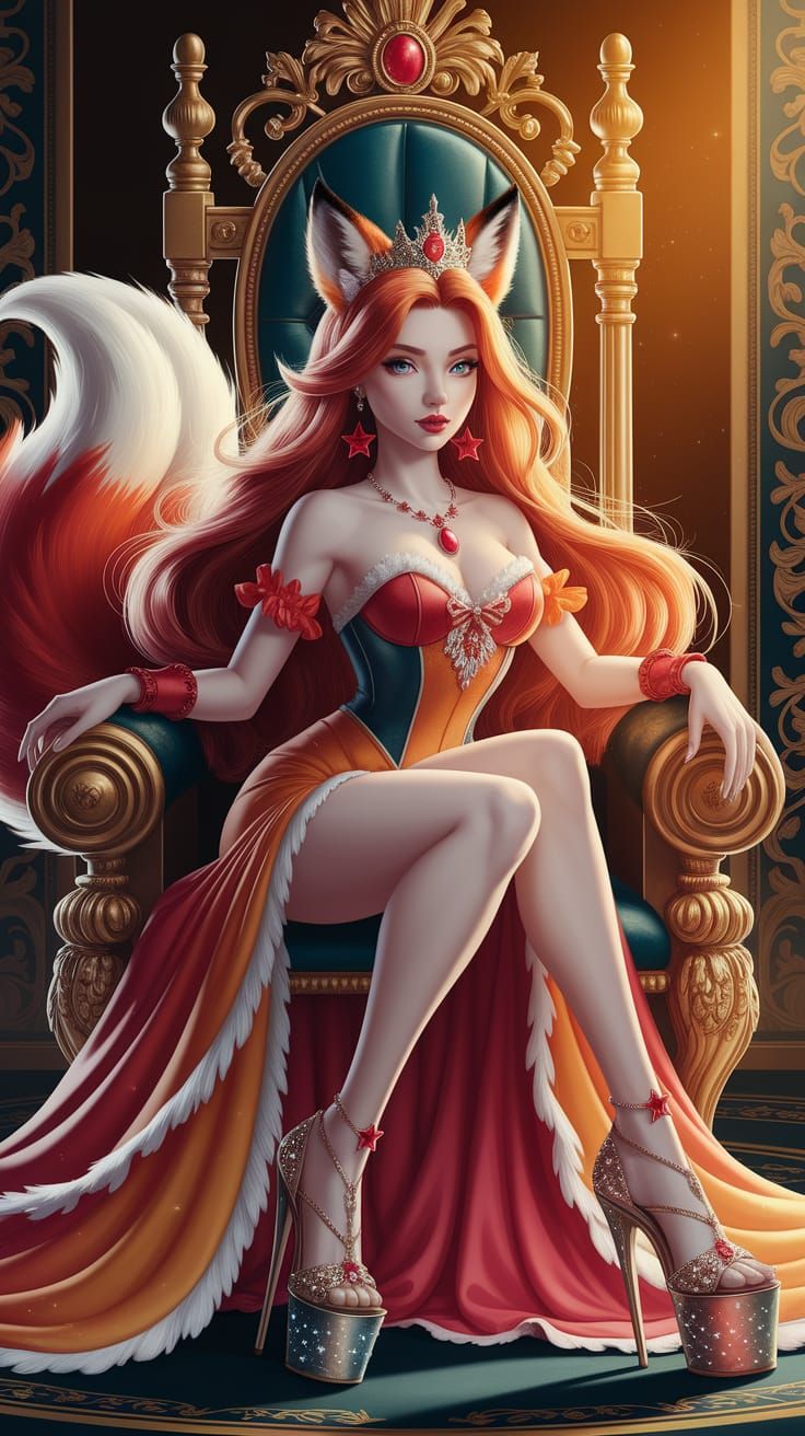 Anthropomorphic Fox Princess on Throne in Opulent Room