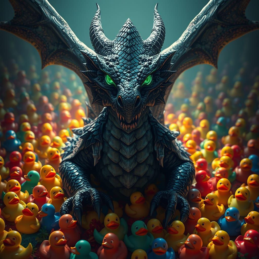 Fierce dragon in his hoard of rubber ducks