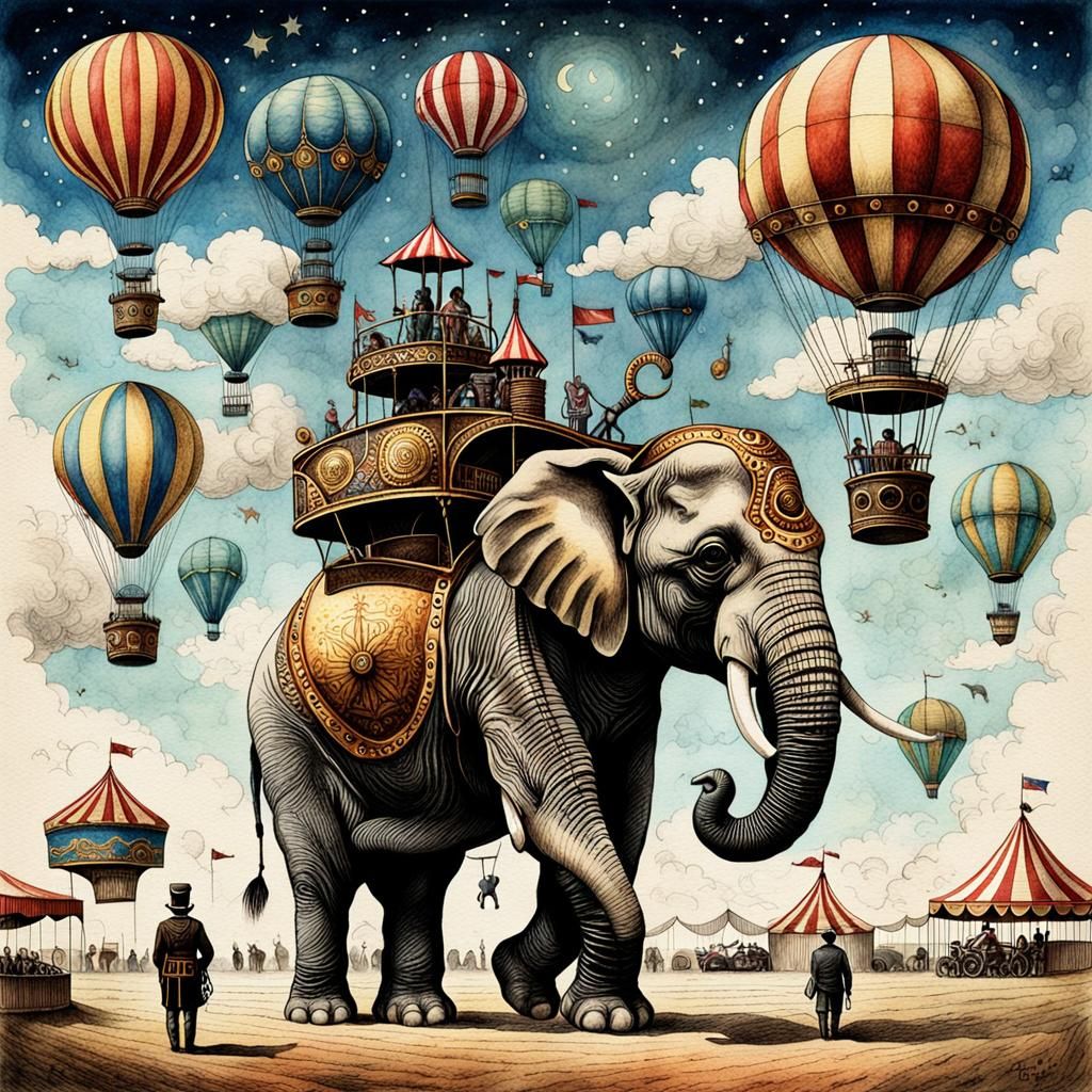 Steampunk Circus Elephants in Flight, Eric Fan Style