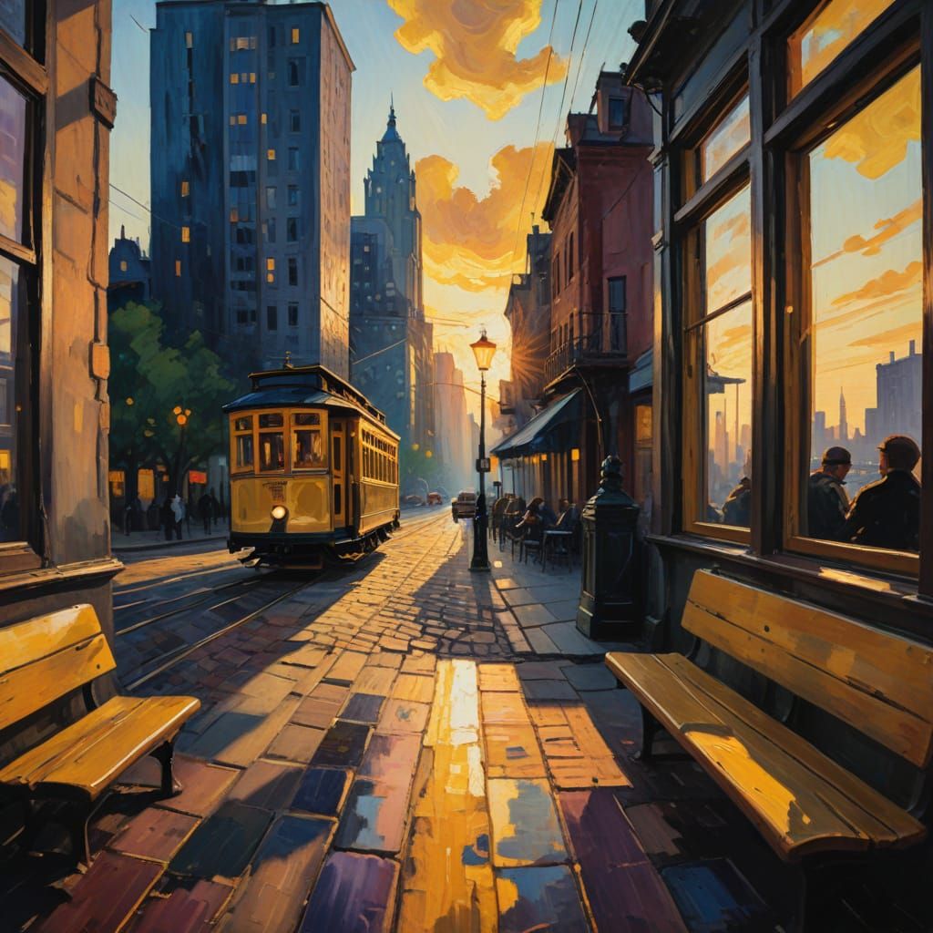 Whimsical Evening Trolley Scene in Expressionist Oil Paintin...