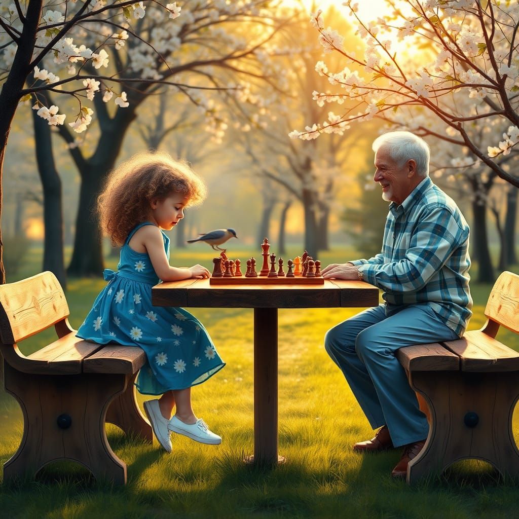 Whimsical Chess Scene in a Vibrant Spring Park
