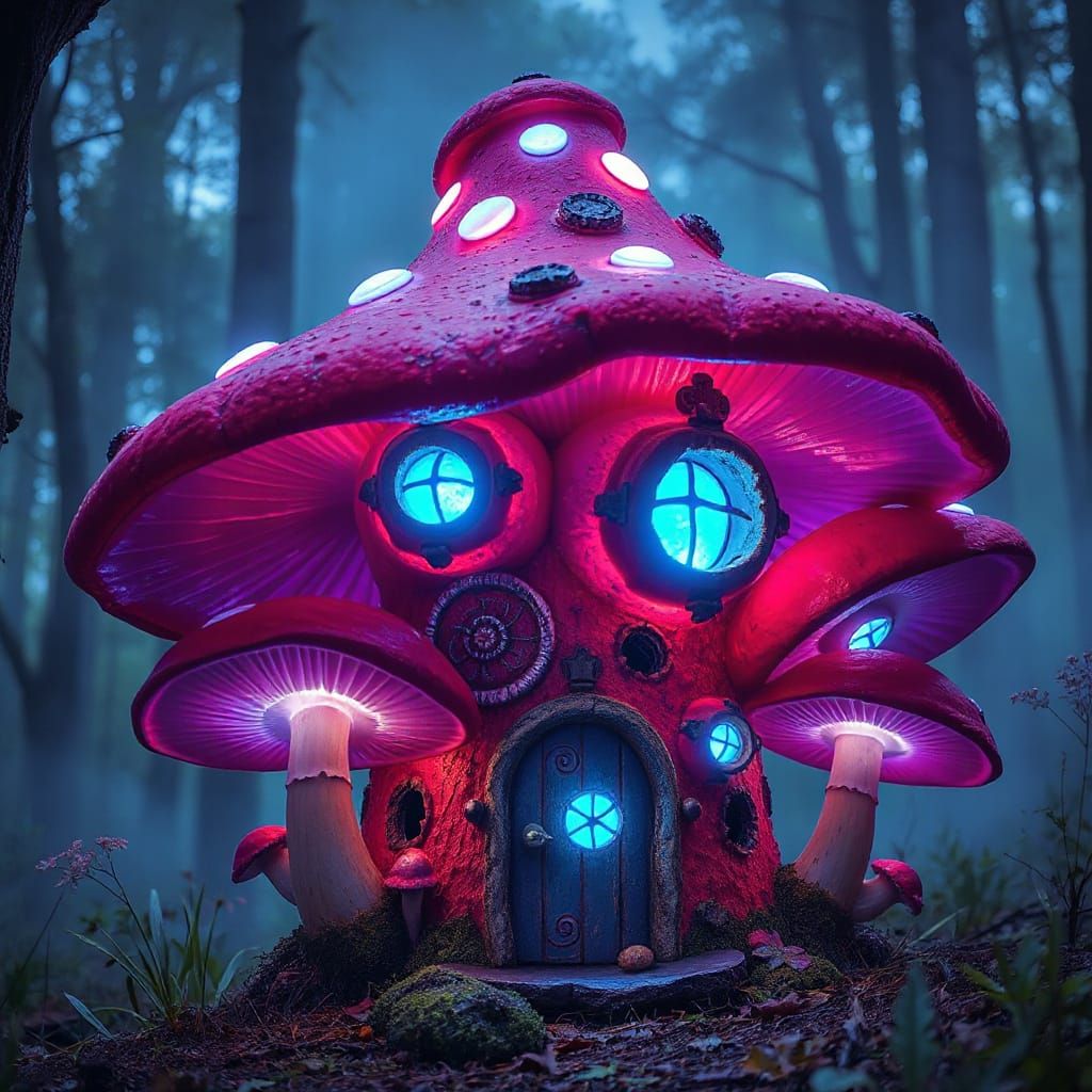 Magical Mushroom Birdhouse in Glowing Forest