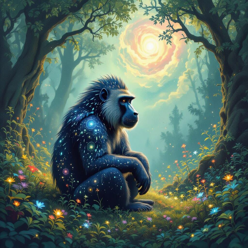 Cosmic Baboon in Bioluminescent Forest