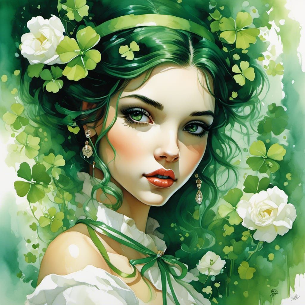 Watercolor Portrait of Lady with Clovers and Roses