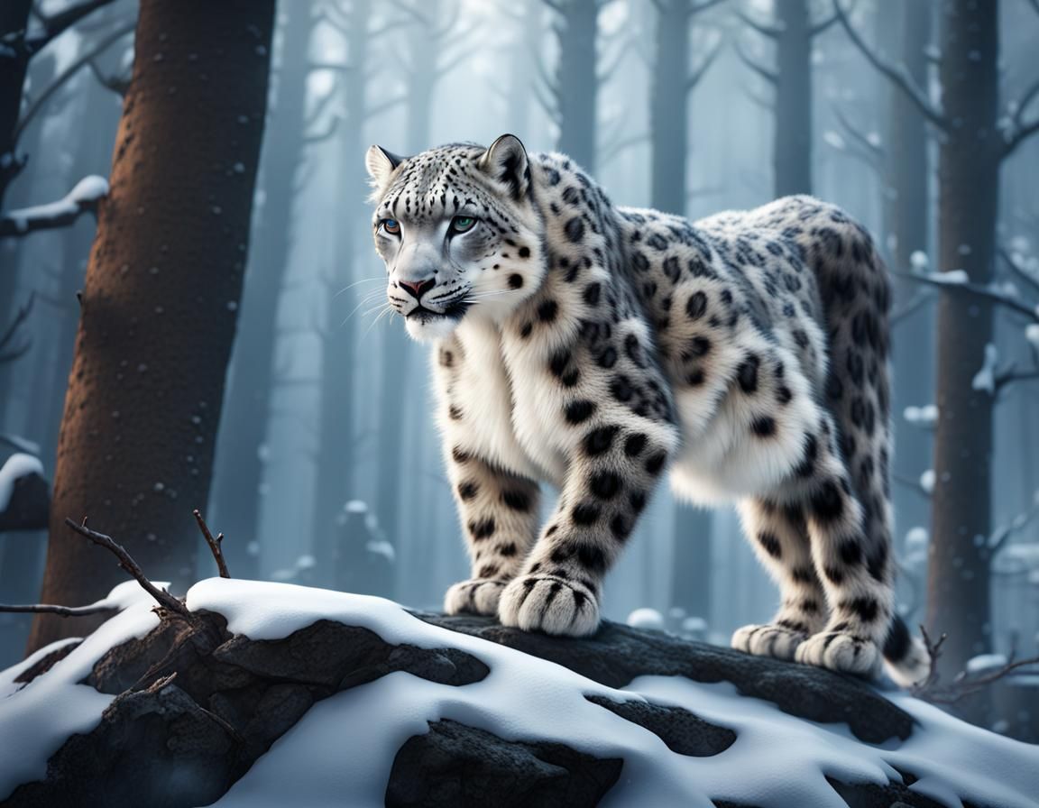 Snow Leopard in Winter Forest: Detailed Matte Painting