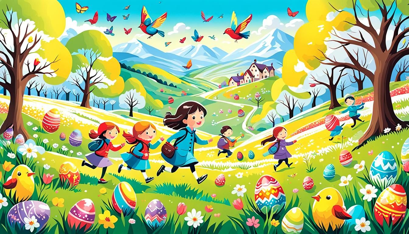 Whimsical Easter Egg Hunt in Spring Landscape
