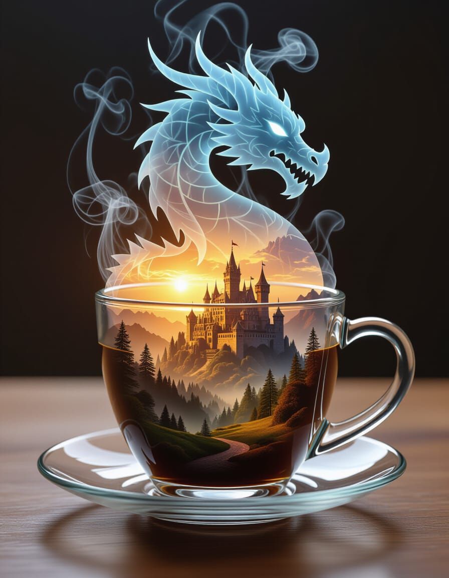 Dragon Smoke Rises From Coffee Cup With Fantasy Landscape