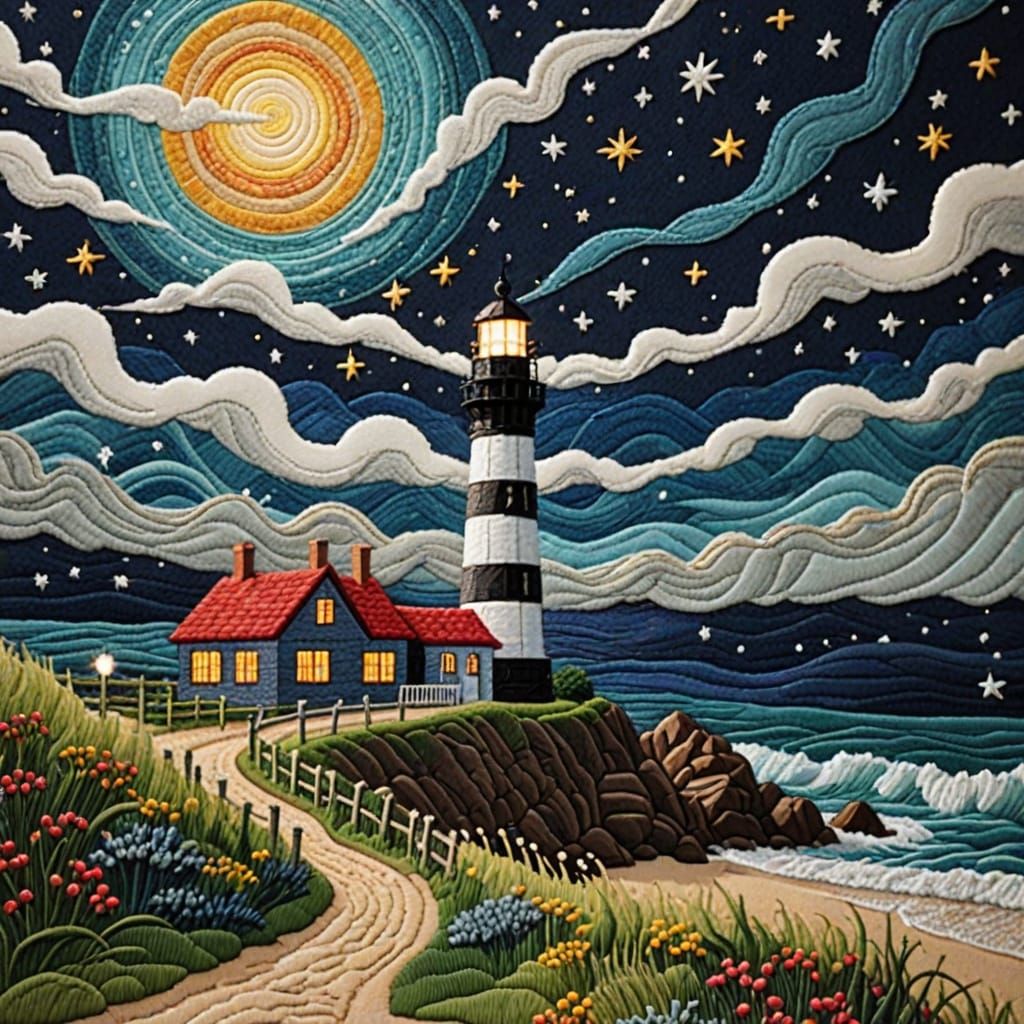 Lighthouse Scene in Embroidered Bargello Style