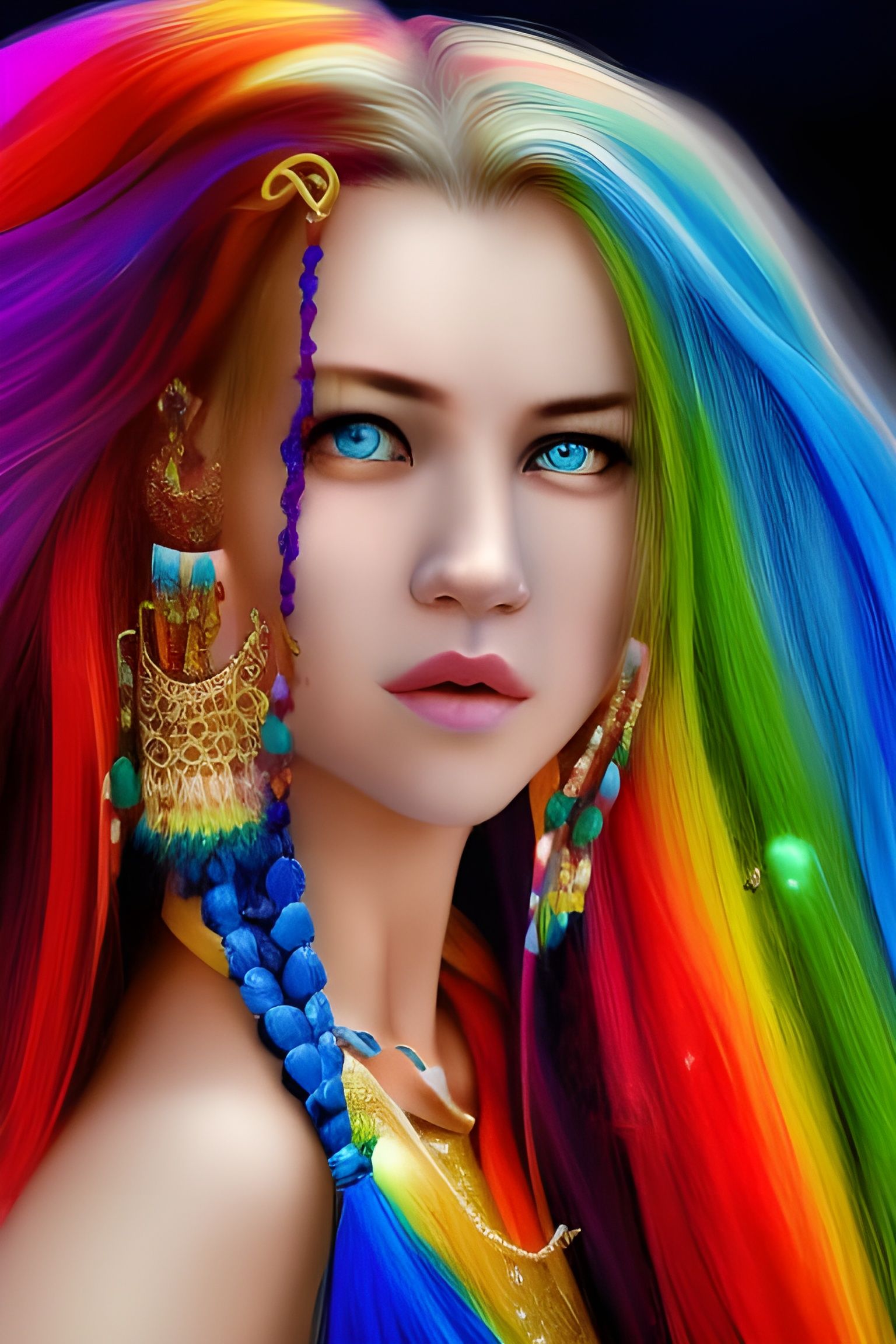 Woman with Rainbow Hair in Digital Painting Style