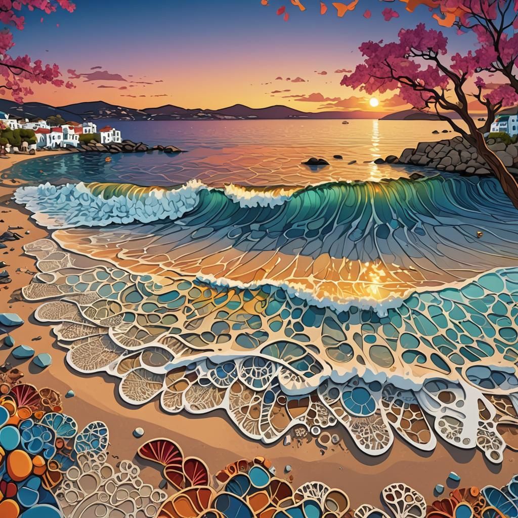 A cute sunset on the beach of Mykonos Island, Greece. Colourful. Vibrant.Realistic. abstract vector fractal, wave functi...