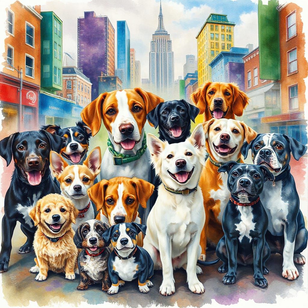 Joyful Pets in Vibrant Cityscape Celebrate National Pet Day