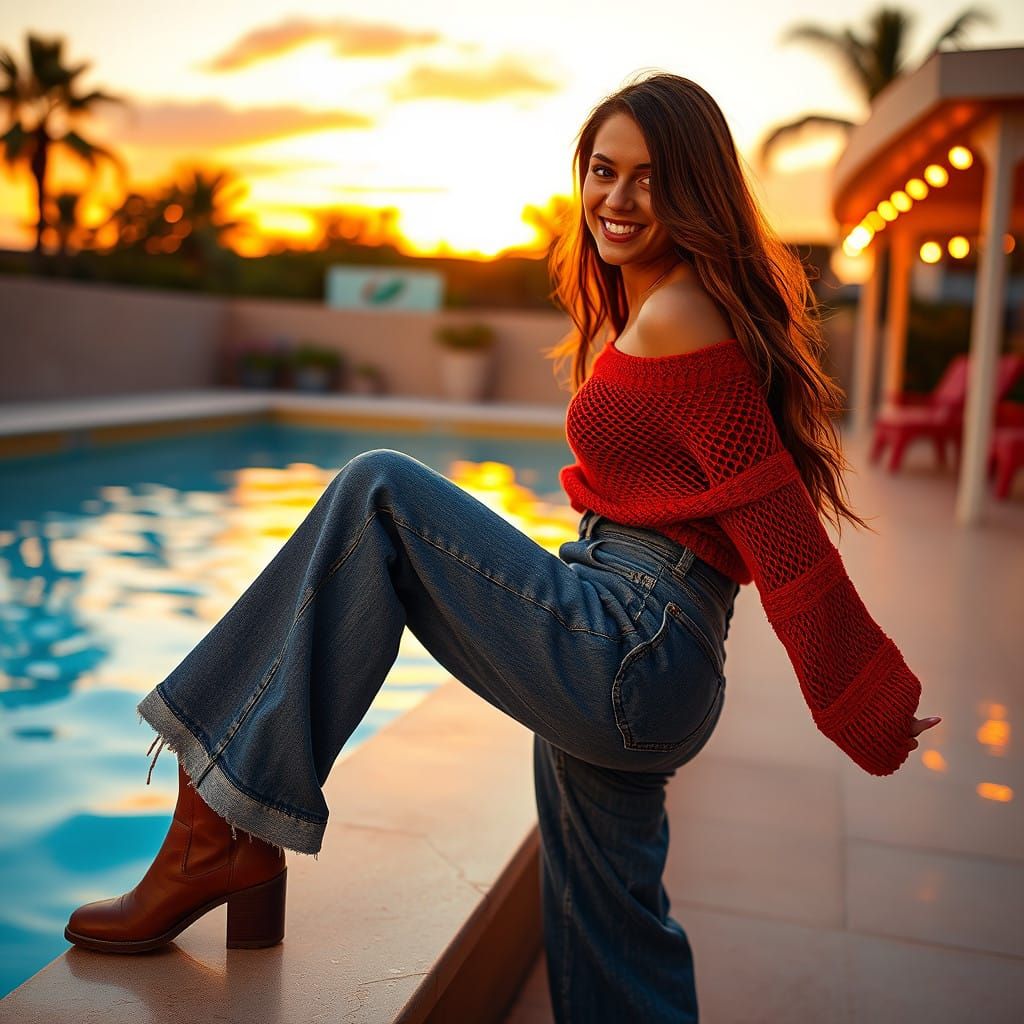 Carefree Brunette Dares Her Friends in the Pool on a Warm Su...