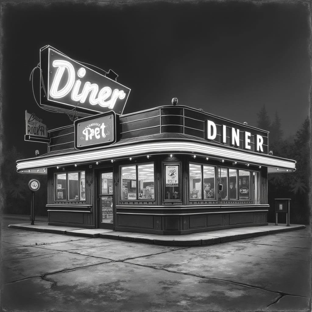 1950s Diner in Charcoal Drawing Style