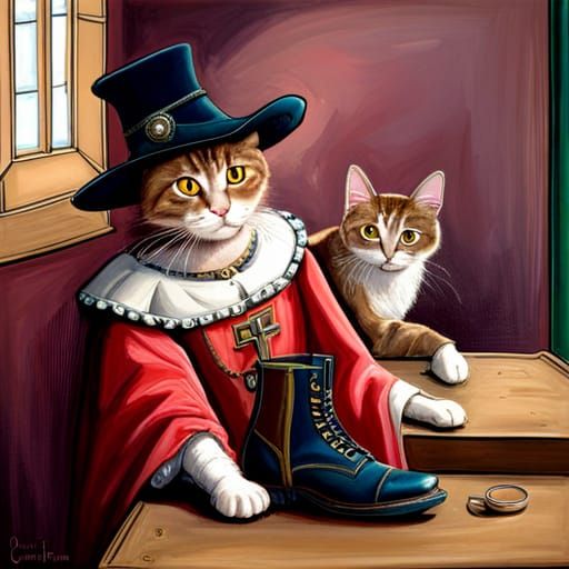 Handsome Cat in Boots Escorting Lady Cat