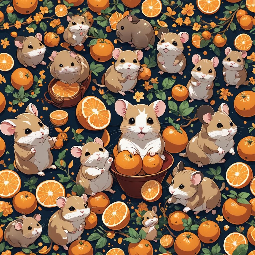 Hamster Celebrates New Year with Oranges: Anime Style